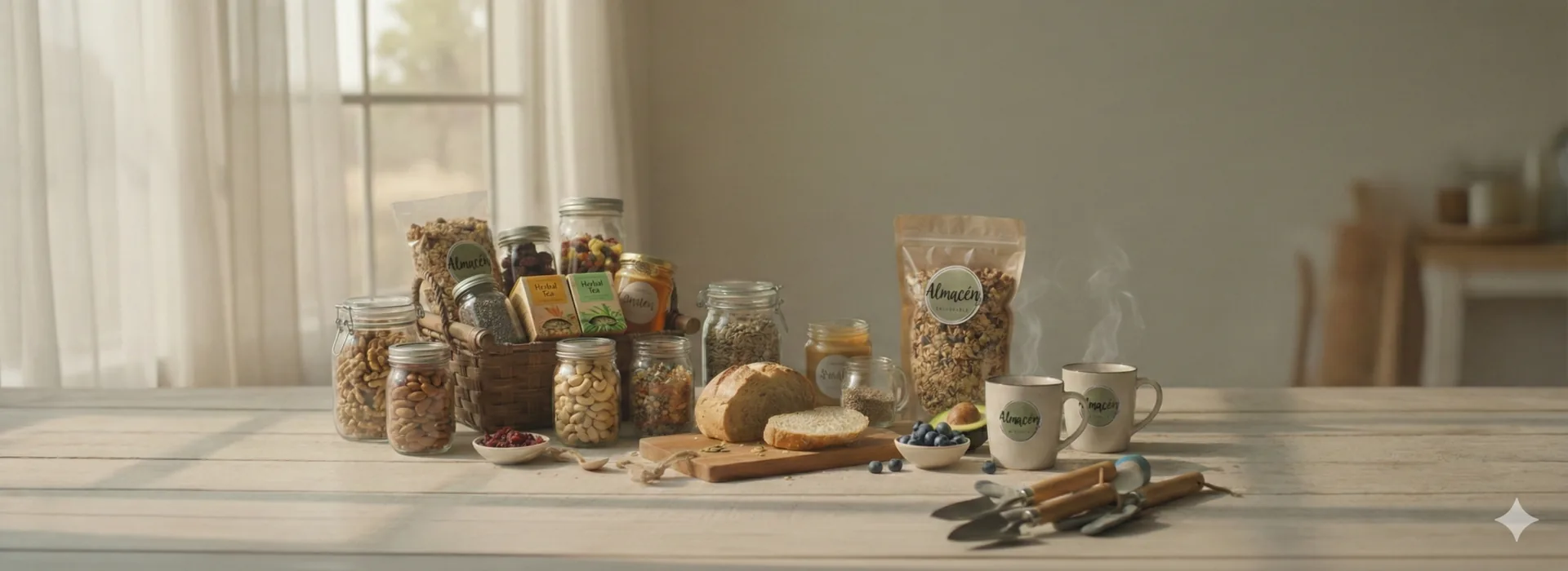 Frutos secos, granolas y productos naturales de Almacén Saludable sobre una mesa de madera